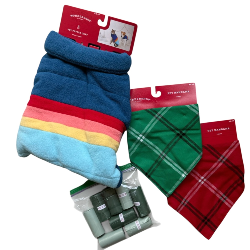 SIZE SMALL DOG BUNDLE - Small coat, 2 adjustable bandanas, 8 rolls of dog bags